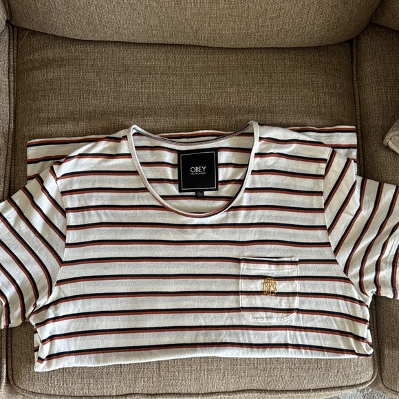 Obey White and Black Striped Tee with Pocket - Picture 1 of 5